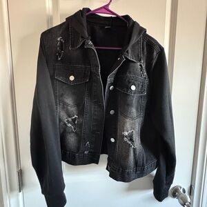 Distressed Black Washed Denim Jacket with Hood